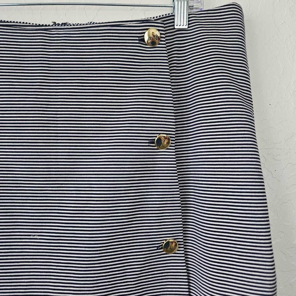 Women's Navy Stripe Overlap Stretch Skirt Sz Large Nautical Career Office Siren - Picture 3 of 13